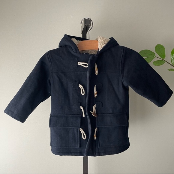 GAP Wool Hooded Toggle Coat Sherpa Fleece Blue Kids Boys Children’s Size 4 4T - Picture 1 of 5